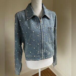 Sandro Hopkins Rhinestone and Pearl Embellished Denim Jean Jacket size Small